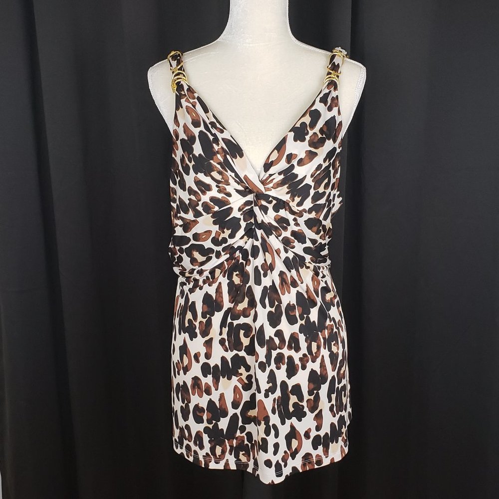 Essentials Leopard & Gold Sleeveless Vacation Resort Blouse Top